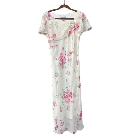 Dressbarn Women' 8 Ivory Cream Pink Floral Chiffon Short Sleeve Maxi Dress - Picture 5 of 16